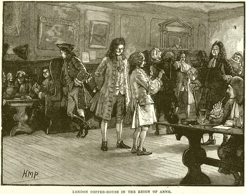 Foto. Ein Londoner Kaffeehaus während der Herrschaft von Königin Anne.