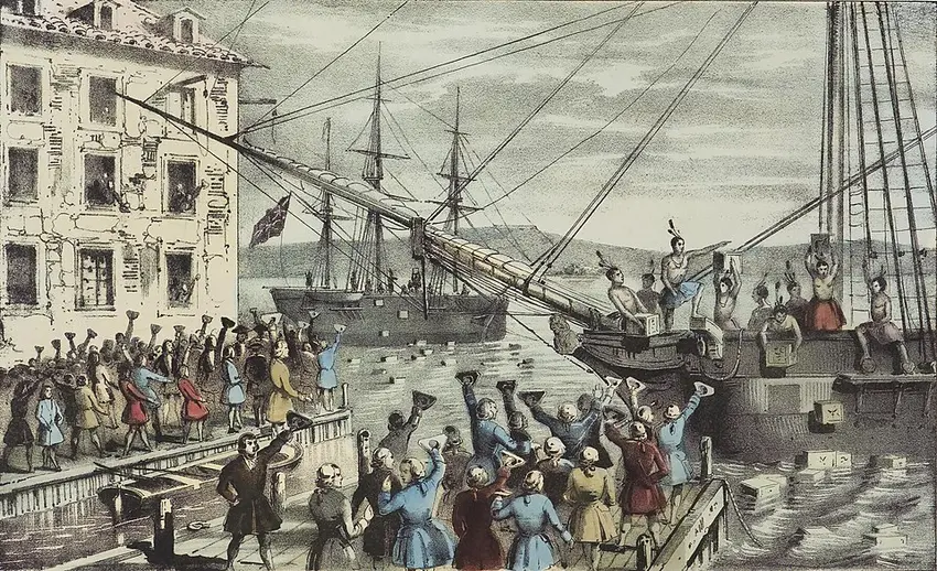 Foto. "Die Zerstörung des Tees im Hafen von Boston". Lithographie von 1846.